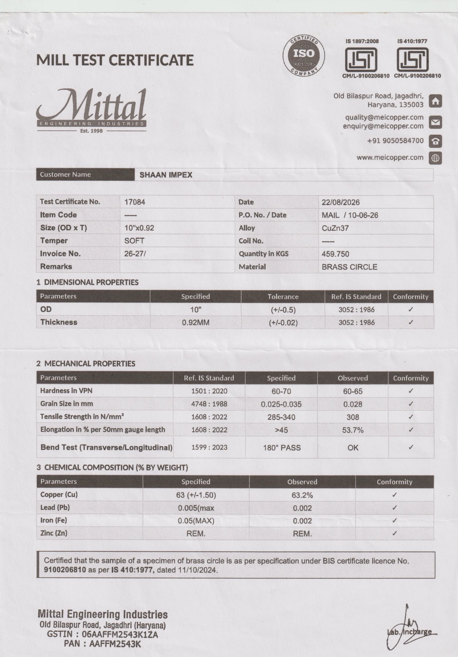 Mittal Engineering Industries Brass Mill Test Certificate 17084 issued to SHAAN IMPEX for CuZn37 Brass Circle