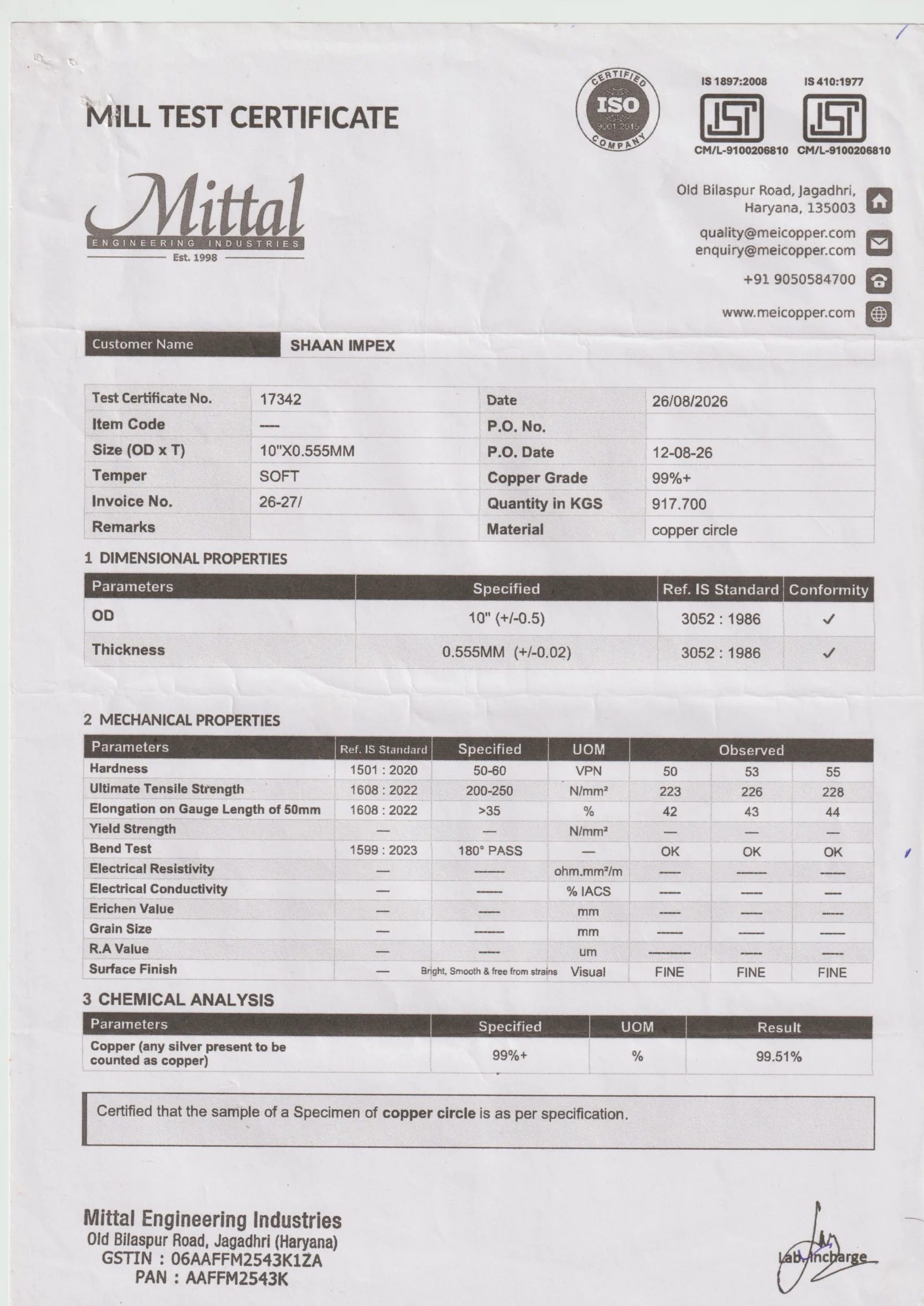 Mittal Engineering Industries Copper Mill Test Certificate 17342 issued to SHAAN IMPEX for IS 1897 Copper Circle