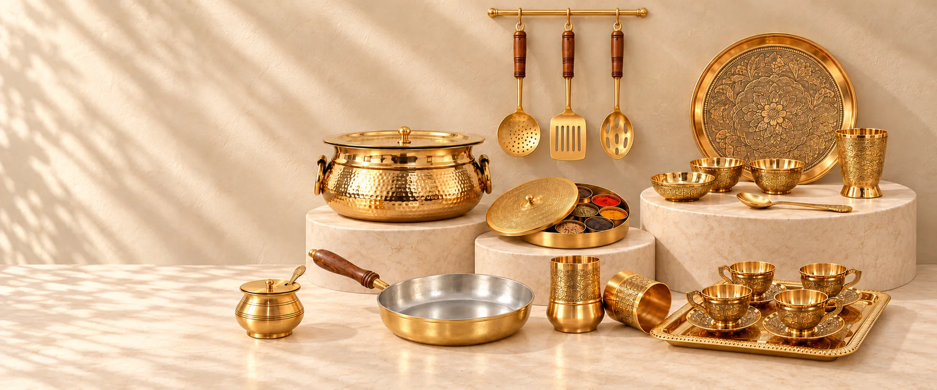 Handcrafted brass cookware, thali, tea set and hanging kitchen tools on ivory platforms