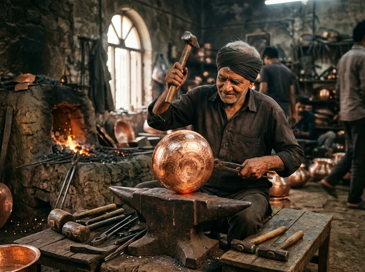 Master Thathera Craftsman Hand-Hammering Heirloom Copper Vessel