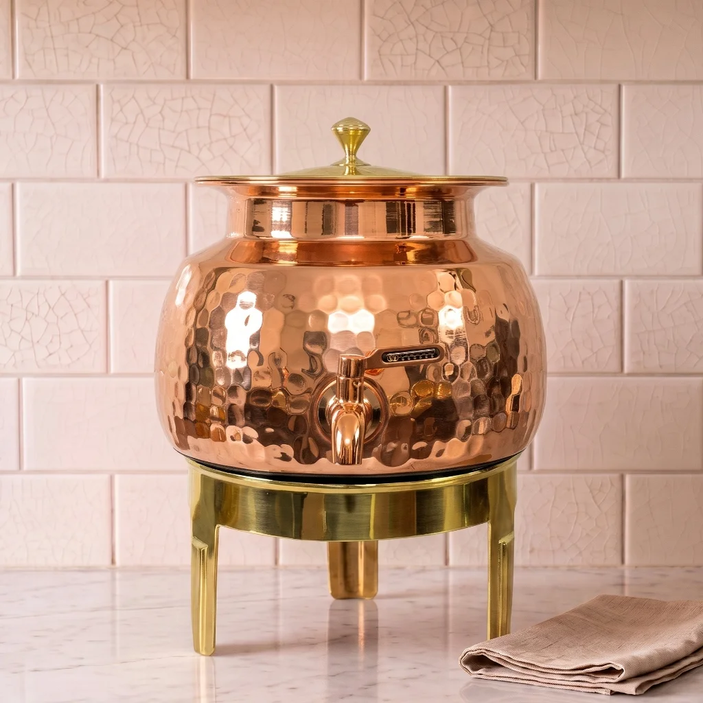 Copper Master Handcrafted Hammered Copper Water Dispenser with Brass Stand