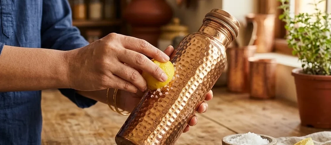 Demonstration of natural lemon and salt copper bottle cleaning