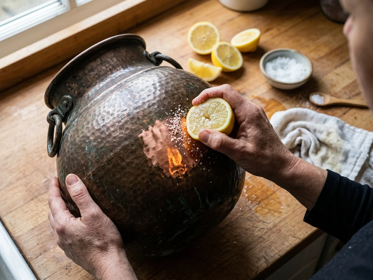 Natural lemon and salt rub on copper dispenser