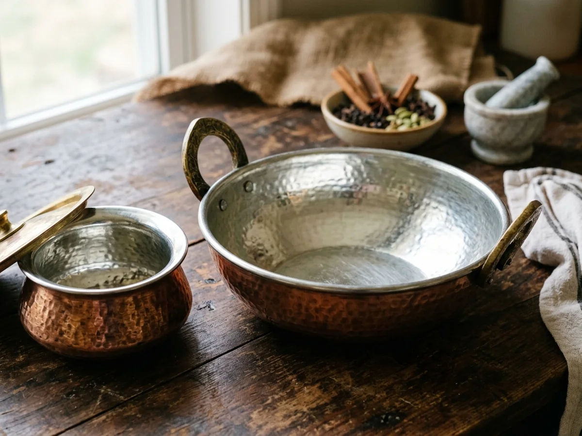 Authentic Handcrafted Copper Cookware with Pure Silvery Tin Kalai Lining