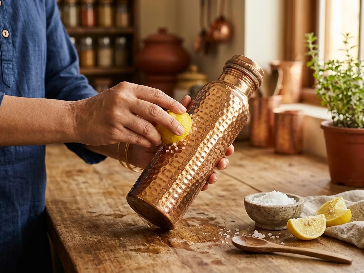 Cleaning copper with lemon and salt