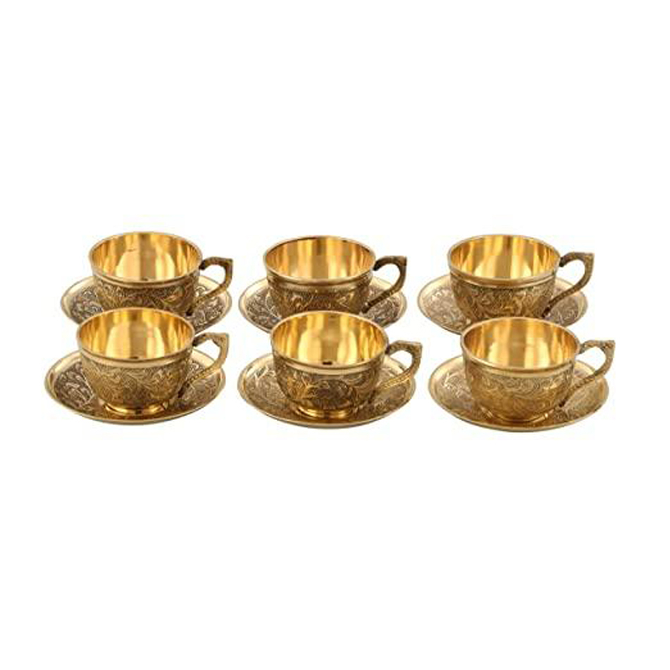 Copper-Master Cup & Saucer Designer Pure Brass Cup for Serving Tea