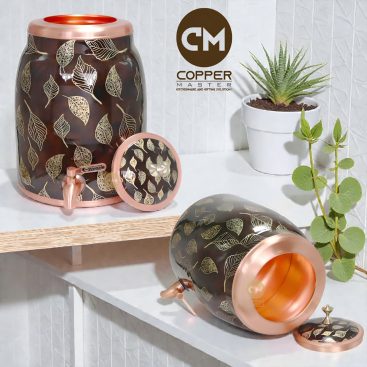 Copper-Master Rudra Matka Brown Leaf / Meena 3D 9 Litre Copper Water Dispenser (Matka) Container Pot with Pure Copper and Ayurvedic Health Benefits (9000 ml)