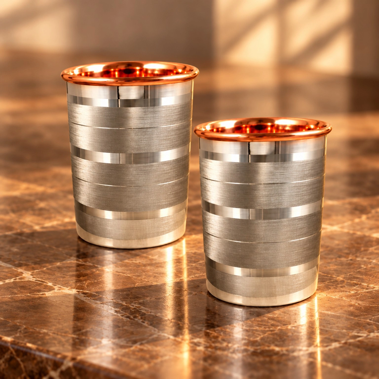 copper_master_hero Copper-Steel Drinking Glass Tumbler (300 ml) - Dual Metal Copper-Steel - Lifestyle Hero View - Copper Master