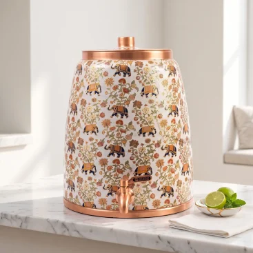 12 Litre Pure Copper Water Dispenser Pot with Tap – Royal Elephant Enamel Art Main View