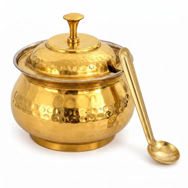 Pure Brass Hammered Ghee Pot with Kalai Tin Lining 300 ml with Fitted Lid and Brass Serving Spoon Hero View