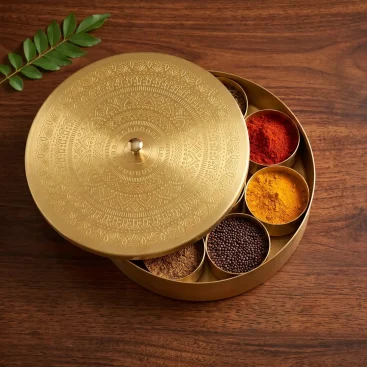 Pure Brass Masala Box 8.5 Inch Medium with 7 Katoris and Mini Brass Spoon Hand Etched Floral Lid Top View