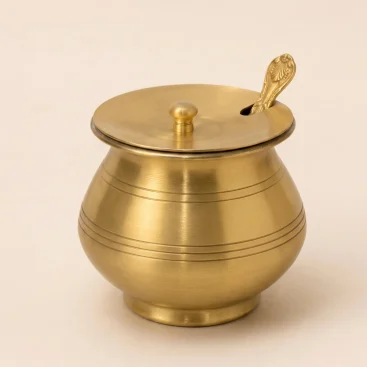 Pure Brass Plain Ghee Pot with Kalai Tin Lining 300 ml with Fitted Lid and Brass Serving Spoon Studio Main View