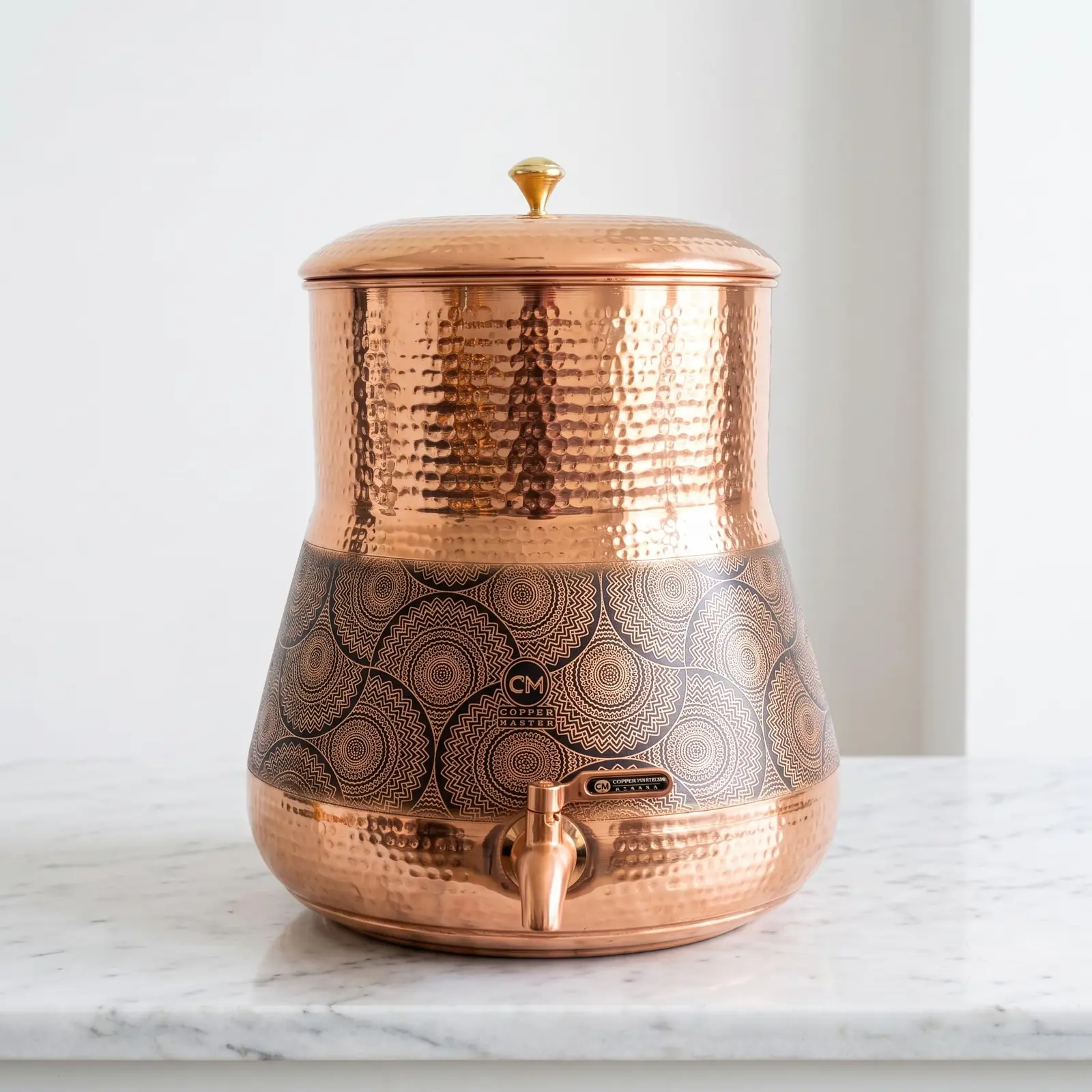 01-pure-copper-water-dispenser-pot-matka-12l-mandala-hero Pure Copper Water Dispenser Pot Matka 12 Litre Dual Texture Hand Hammered and Laser Etched Mandala Artwork with Dispensing Tap Studio Main View