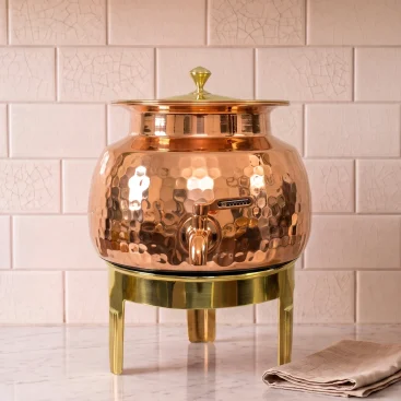7 Litre Pure Copper Water Dispenser Matka with Brass Stand and Tap Hand Hammered Finish Main View