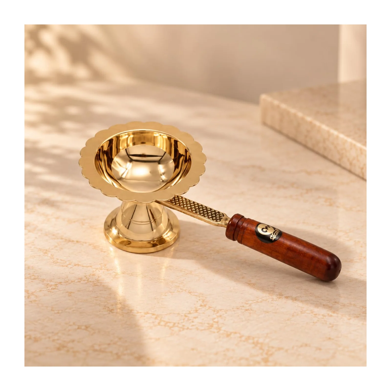 Pure Brass Aarti Diya with Wooden Handle Studio Hero Pure Brass Aarti Diya with Heat Resistant Carved Wooden Handle for Mandir and Puja