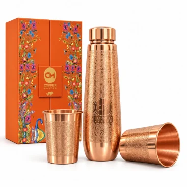1L Pure Copper Water Bottle & 2 Glasses Set – Polo Etched - Amazon Official Listing Image