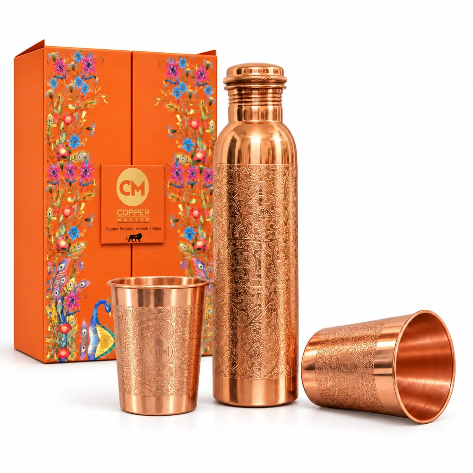 1L Pure Copper Water Bottle & 2 Glasses Set – Floral Etched - Amazon Official Listing Image 1L Pure Copper Water Bottle & 2 Glasses Set – Floral Etched - Amazon Official Listing Image