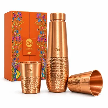 1L Pure Copper Water Bottle & 2 Glasses Set – Half Hammered - Amazon Official Listing Image