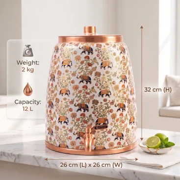 12 Litre Pure Copper Water Dispenser Pot Dimensions 32 cm Height and 26 cm Diameter Infographic