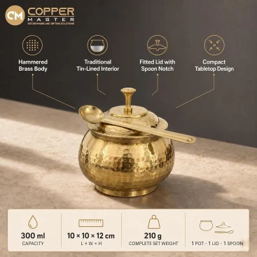 Pure Brass Hammered Ghee Pot 300 ml Dimensions 10x10x12 cm Net Weight 210g Infographic