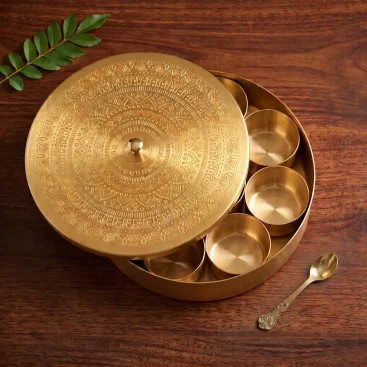 Pure Brass Masala Box 7.5 Inch Small with 7 Katoris and Mini Brass Spoon Hand Etched Floral Lid Top View