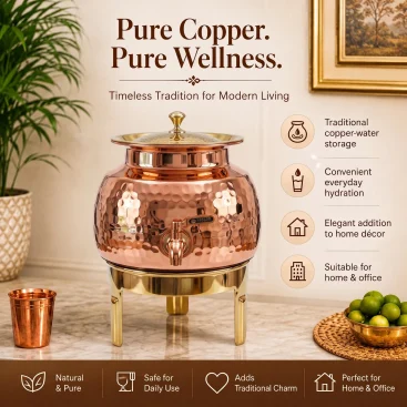 7 Litre Pure Copper Water Dispenser Matka on Kitchen Countertop with Pure Copper Glass