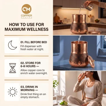 Copper Master 12 Litre Dual Texture Mandala Copper Matka Dispenser Dimensions 26x32 cm Capacity 12L Weight 1650g Technical Specifications