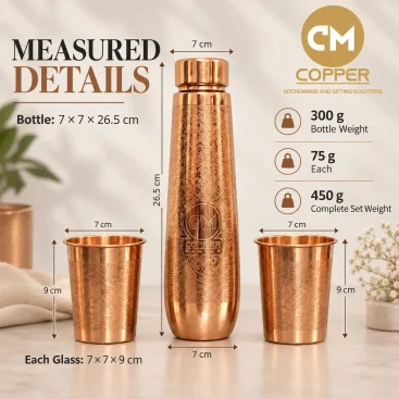 1L Pure Copper Water Bottle & 2 Glasses Set – Polo Etched - Amazon Official Listing Image