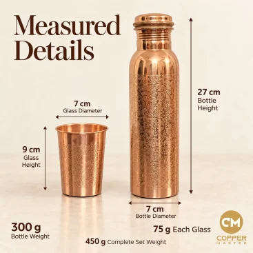 1L Pure Copper Water Bottle & 2 Glasses Set – Floral Etched - Amazon Official Listing Image