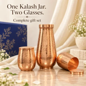 1L Pure Copper Kalash Jar & 2 Lidded Glasses Set – Etched - Amazon Official Listing Image