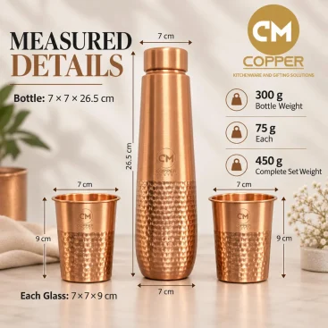 1L Pure Copper Water Bottle & 2 Glasses Set – Half Hammered - Amazon Official Listing Image