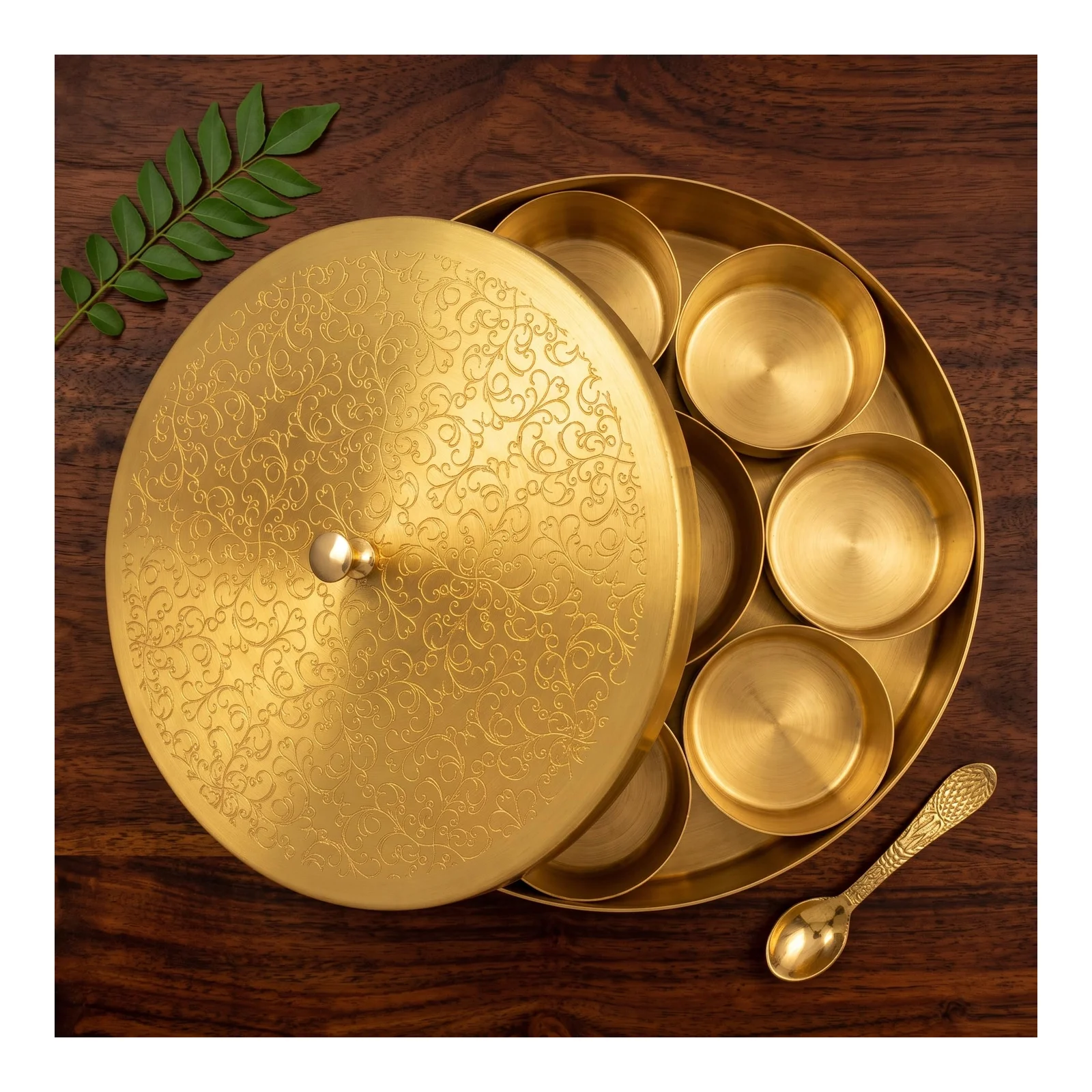 Pure Brass Masala Box Roots Etched Pure Brass Masala Box Roots Etched with 7 Katoris and Spoon