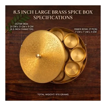 Pure Brass Masala Box Roots Etched with 7 Katoris and Spoon