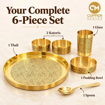 Goodluck Pure Brass Thali Set 6 Pieces Exploded View Showing Thali 2 Katoris Pudding Bowl Glass Spoon