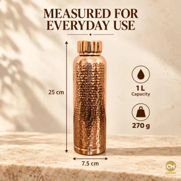 1L Pure Copper Water Bottle Hammered Cylindrical Lifestyle Tabletop Display