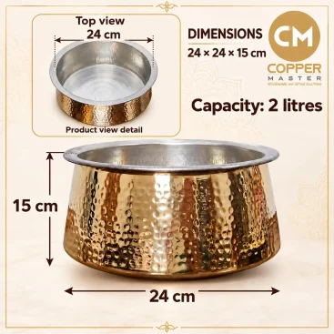 Authentic Pure Brass Biryani Handi with Lid & Kalai Tin Lining (2 Litres) - Slide 2