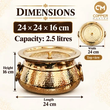 Traditional Punjabi Pure Brass Pateeli with Lid & Kalai Tin Lining (2.5 Litres) - Slide 2