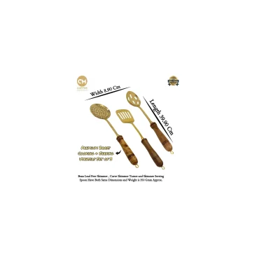 Pure Brass Lead-Free Round Skimmer, Turner & Pan Spoon Set - Palta, Pan, Jhaara (14.5 Inch, Set of 3)