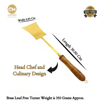 Copper-Master Pure Brass Lead Free Premium Turner with Wooden Handle for Dinnerware Cooking Spoon Heavy Weight 14.5 inch Palta (Turner)