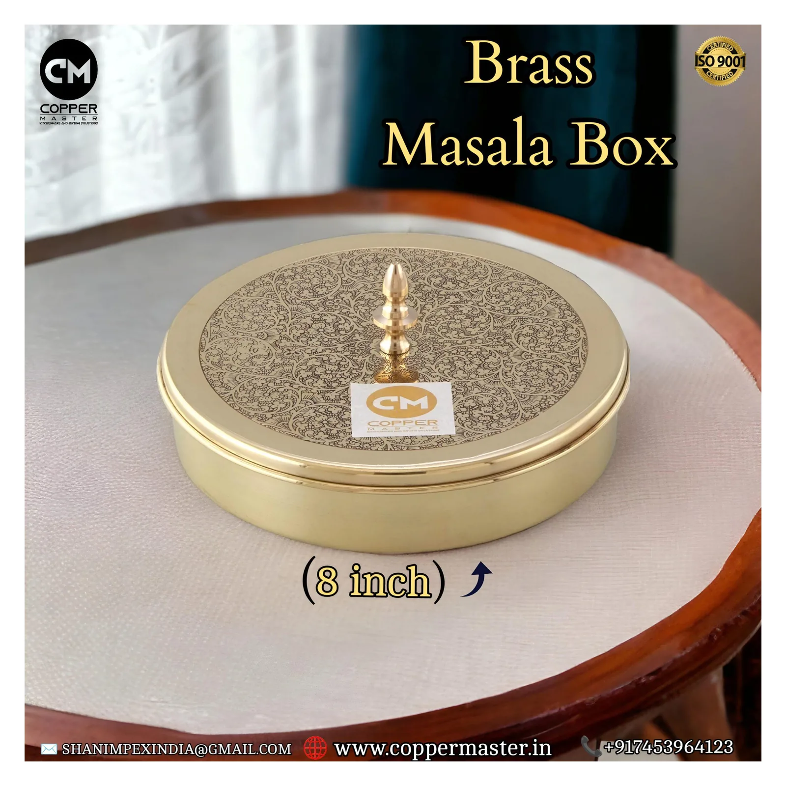 Handmade Pure Brass Masala Dabba with 7 Katoris & Spoon - Copper Master Pure Brass Handmade Masala Box (Dabba) Spice Container