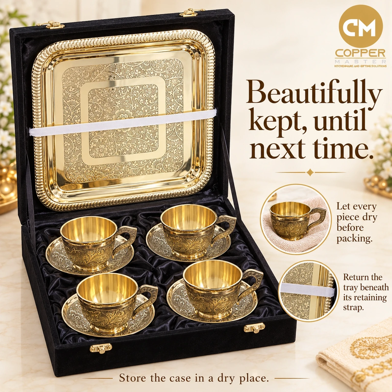 Pure Brass Cup & Saucer Tea Set with Serving Tray (9 Pieces Gift Set) Lifestyle Feature