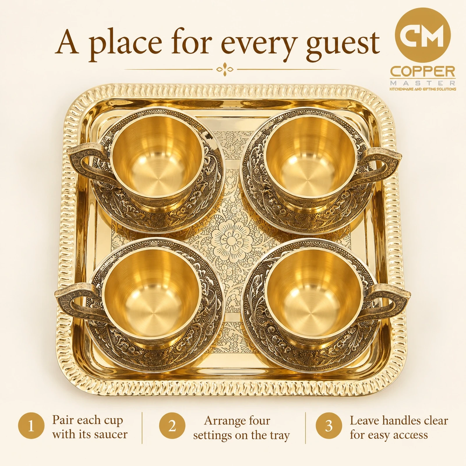 Pure Brass Cup & Saucer Tea Set with Serving Tray (9 Pieces Gift Set) Lifestyle Feature