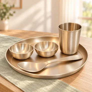 Pure Bronze Baby Thali Set Soft Matt Finish 5 Pieces Lifestyle Hero
