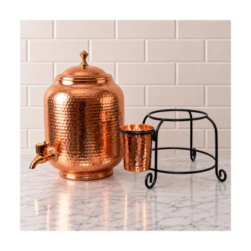 5 Litre Hammered Pure Copper Water Dispenser Matka Pot with Brass Stand and Copper Glass Slide 1 (99.51% Certified Pure Copper)