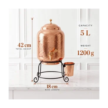 5 Litre Hammered Pure Copper Water Dispenser Matka Pot with Brass Stand and Copper Glass Slide 2 (99.51% Certified Pure Copper)