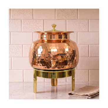 Pure Copper Water Dispenser Matka with Brass Stand & Tap – Hand Hammered Finish