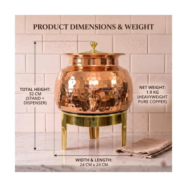 Pure Copper Water Dispenser Matka Pot with Brass Stand and Tap Hand Hammered Finish Slide 2 (99.51% Certified Pure Copper)