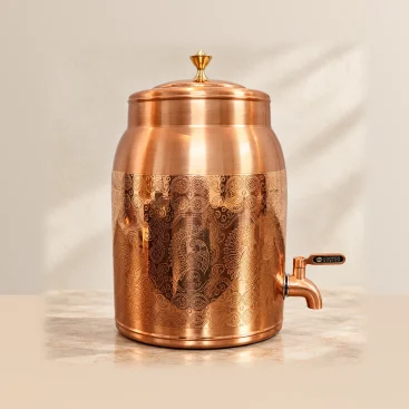 Rudra Pure Copper Water Dispenser Matka 8 Litre Handcrafted Ornate Carving Light Cream Aesthetic View