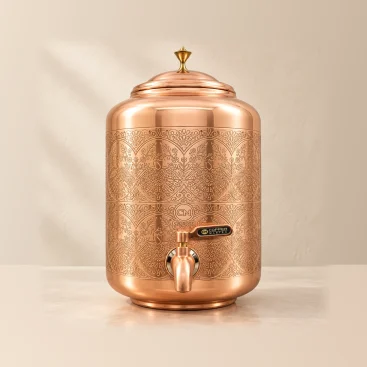 Sheetal Pure Copper Water Dispenser Matka 8 Litre Handcrafted Ornate Carving Light Cream Aesthetic View