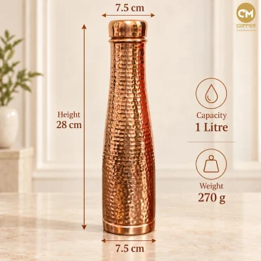 Dimensions and Specifications of Pure Copper Water Bottle 1 Litre Hammered Rugby Tapered - Copper Master